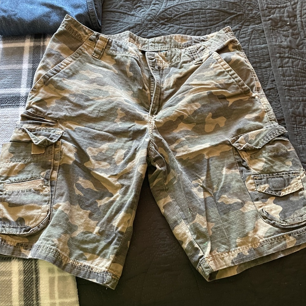 Green camo cargo shorts